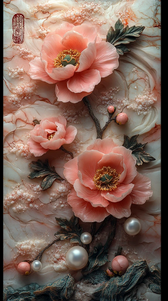 牡丹水波玉雕画