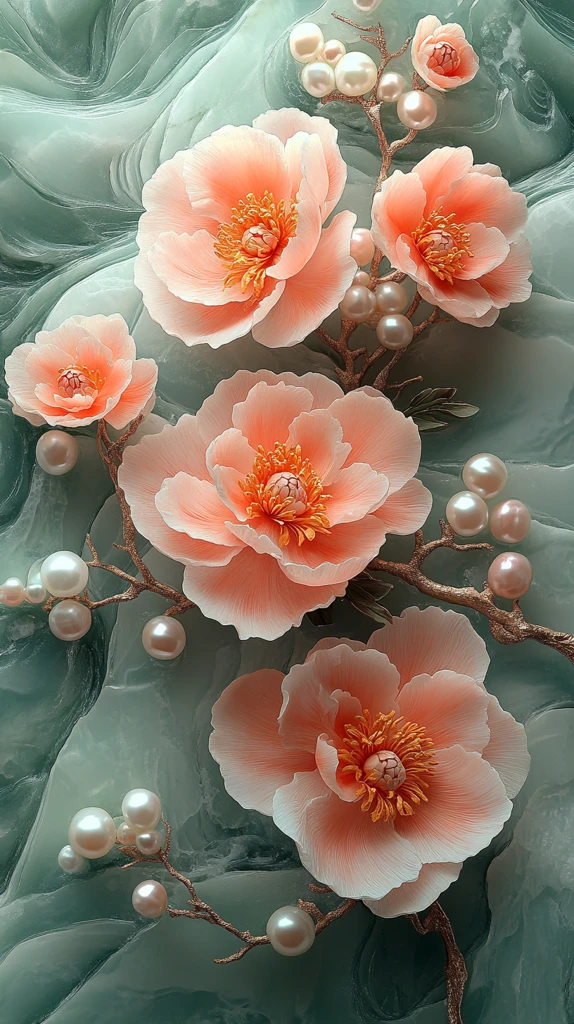 牡丹水波玉雕画