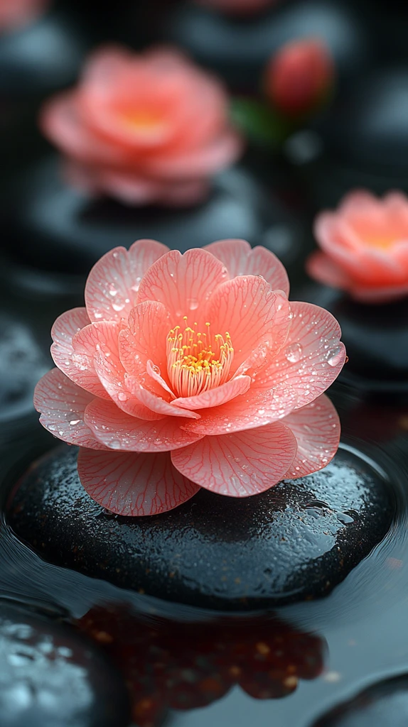 山茶花与鹅卵石