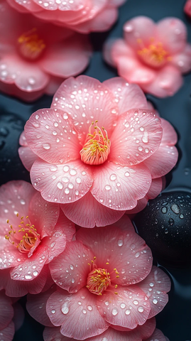 山茶花与鹅卵石