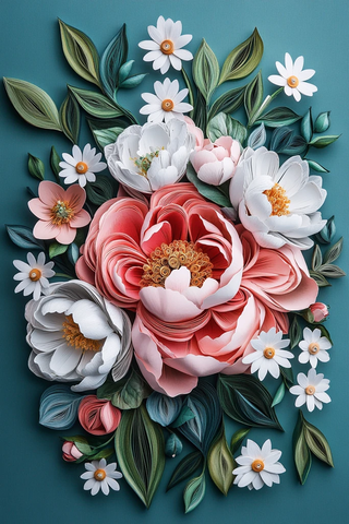 粉色牡丹与白雏菊