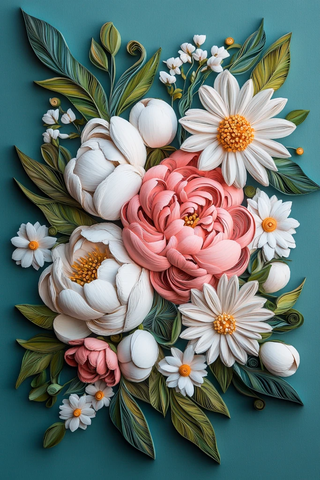 粉色牡丹与白雏菊