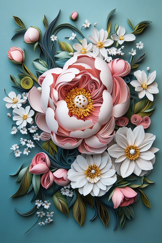 粉色牡丹与白雏菊