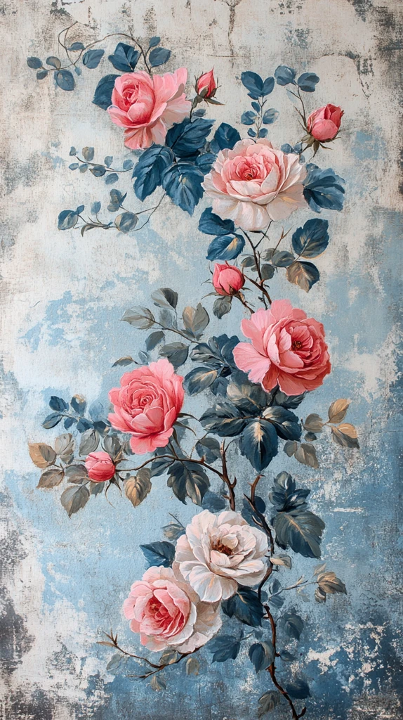 蓝粉奶油玫瑰花卉画