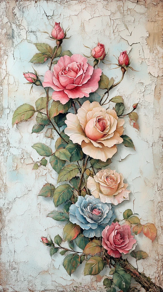 蓝粉奶油玫瑰花卉画