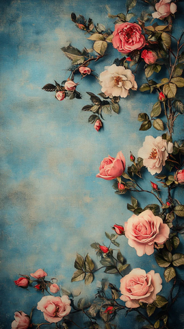 蓝粉奶油玫瑰花卉画