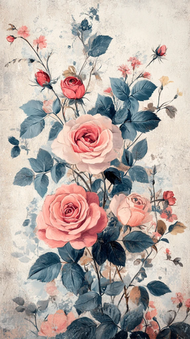 蓝粉奶油玫瑰花卉画