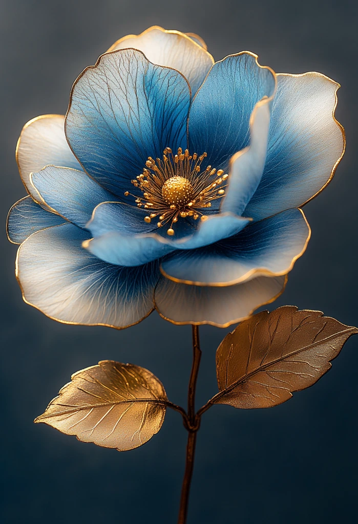 蓝花金叶花卉画