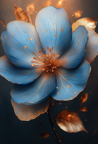 蓝花金叶花卉画