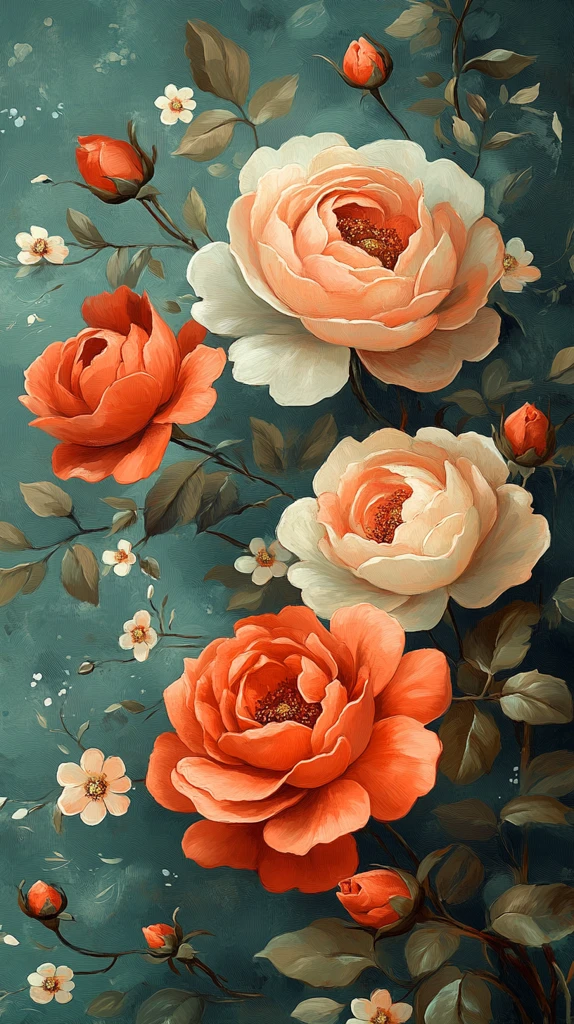 玫瑰牡丹绿底花纹图