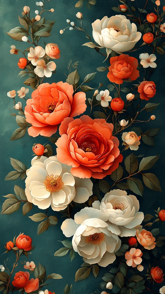 玫瑰牡丹绿底花纹图