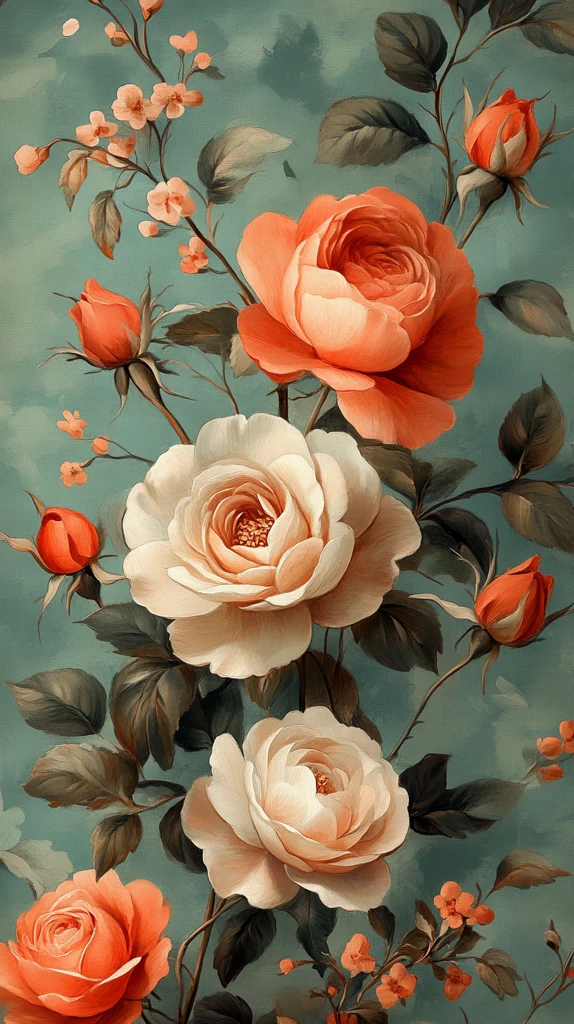 玫瑰牡丹绿底花纹图