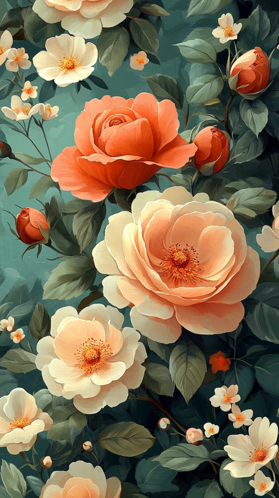 玫瑰牡丹绿底花纹图