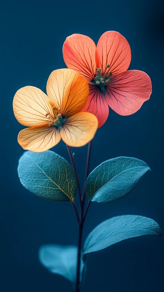 两朵花绿叶蓝背景