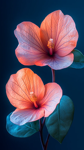 两朵花绿叶蓝背景