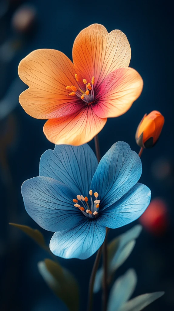 两朵花绿叶蓝背景