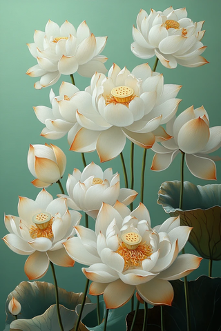 白莲金边绿底卷轴画