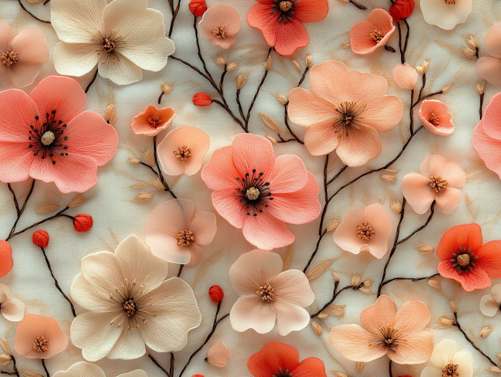 浅粉春花刺绣图案