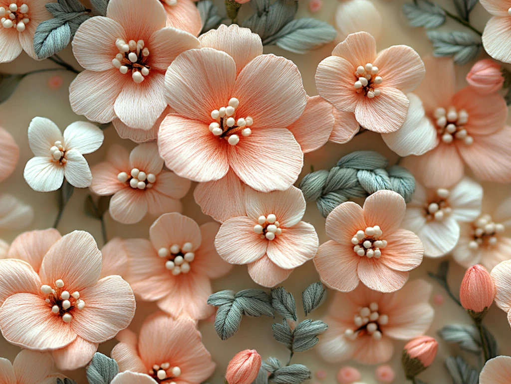 浅粉春花刺绣图案