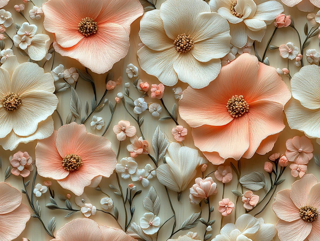 浅粉春花刺绣图案