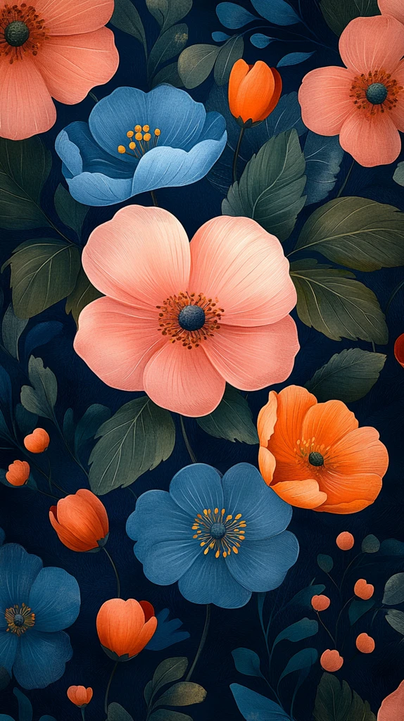 粉色蓝绿花卉图案