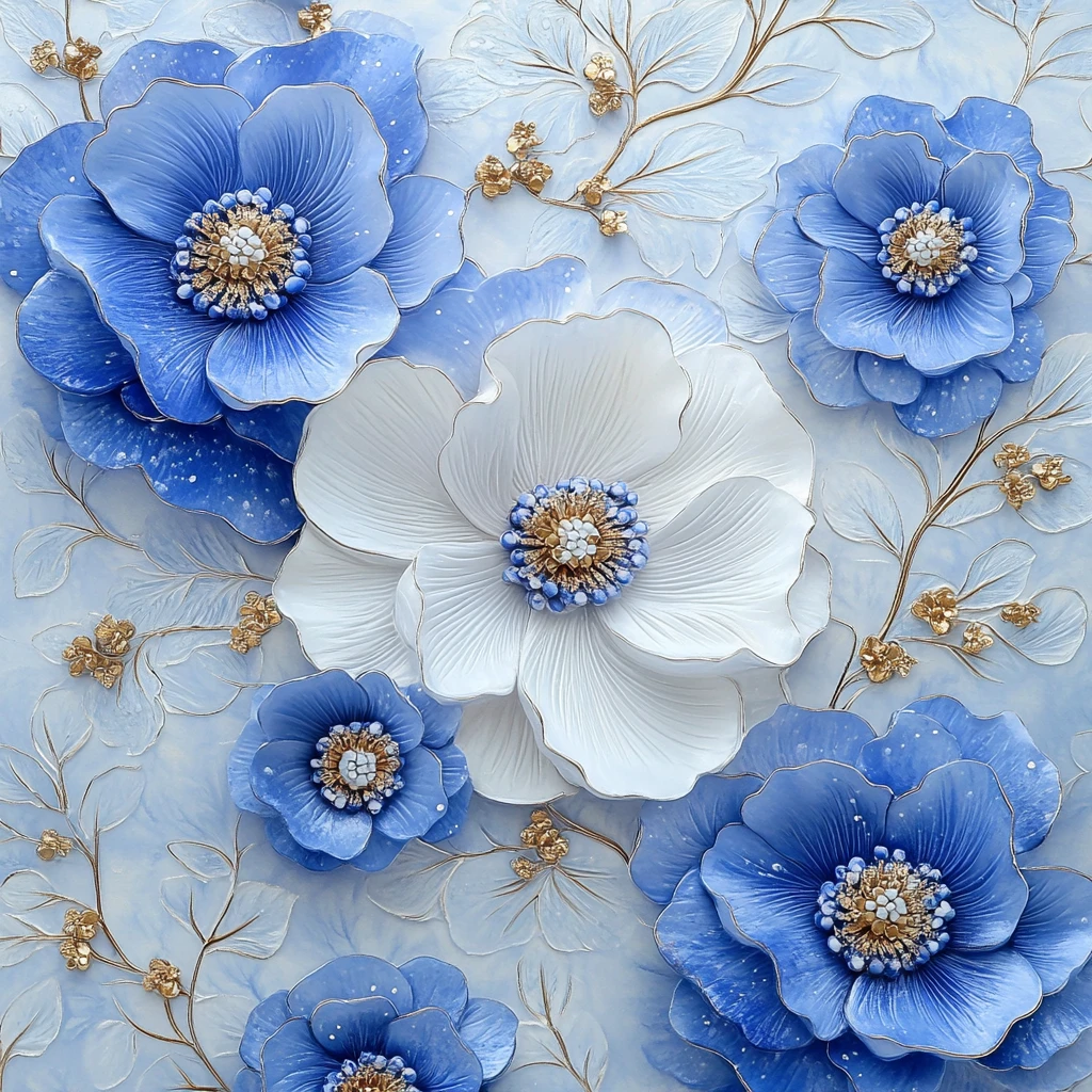 蓝色花卉金饰画