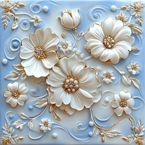 蓝色花卉金饰画