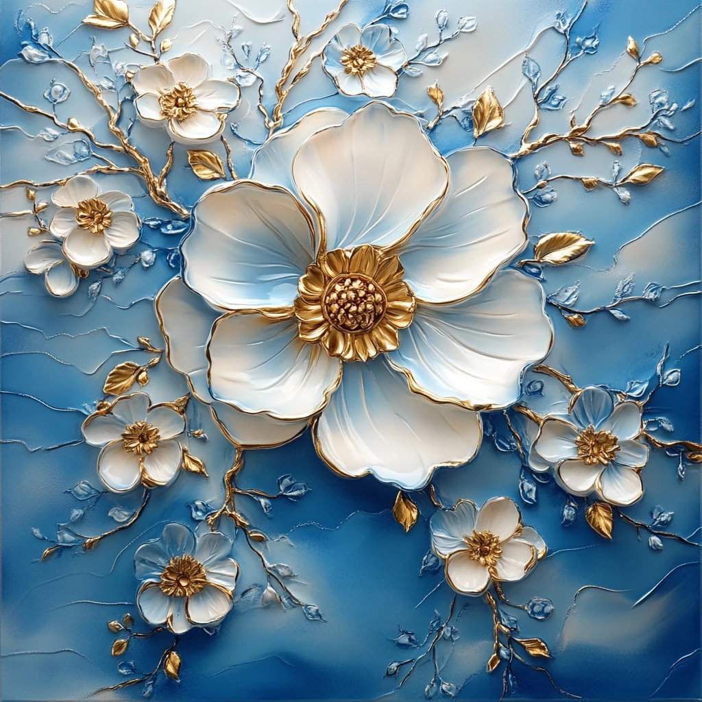 蓝色花卉金饰画