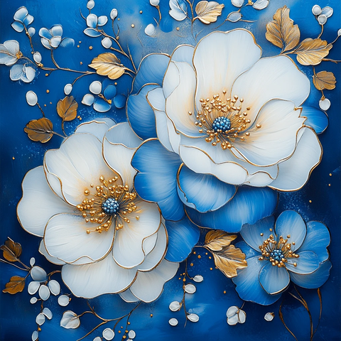 蓝色花卉金饰画