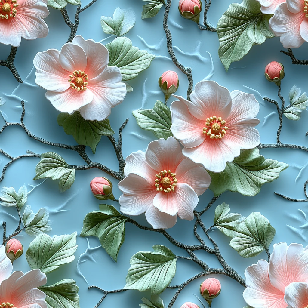 蓝底粉色花叶墙纸