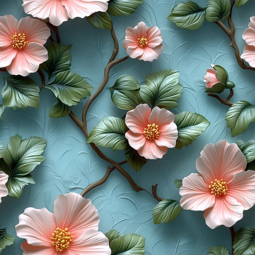 蓝底粉色花叶墙纸