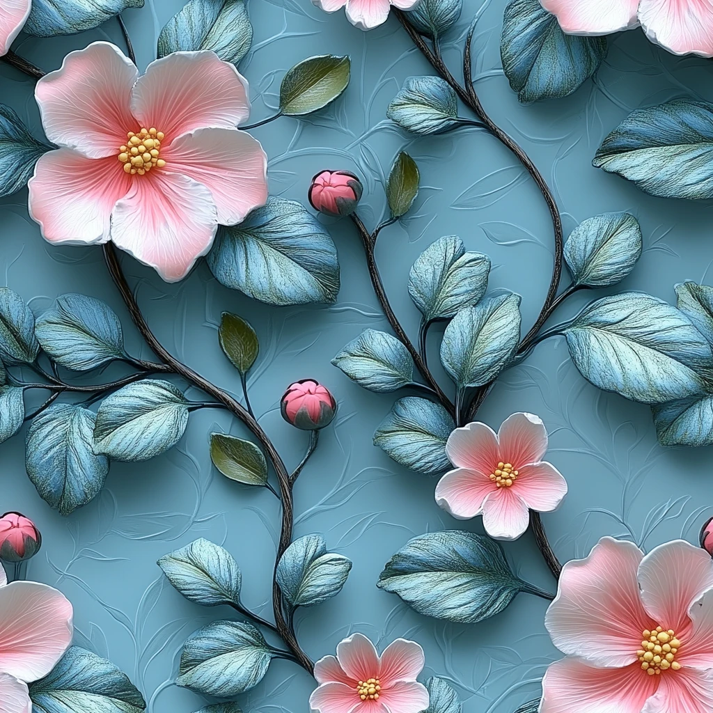 蓝底粉色花叶墙纸