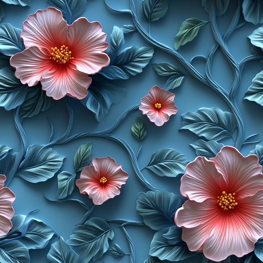 蓝底粉色花叶墙纸