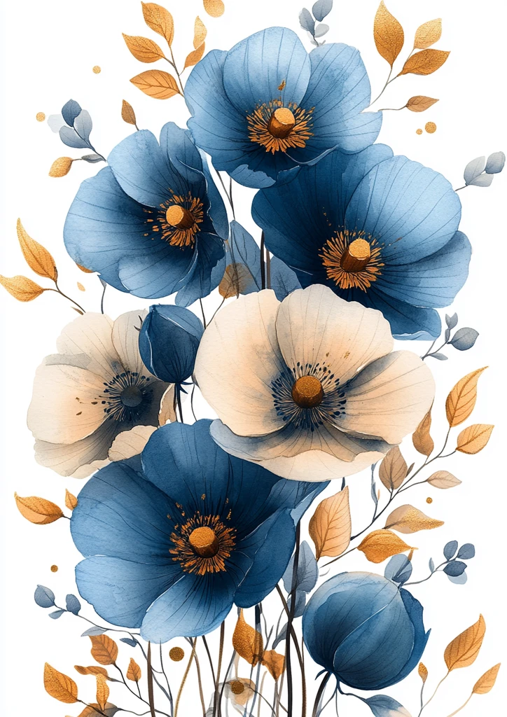 蓝白花卉水彩边框