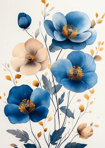 蓝白花卉水彩边框