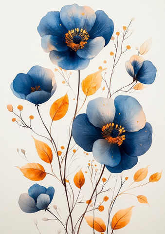 蓝白花卉水彩边框