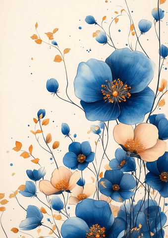 蓝白花卉水彩边框