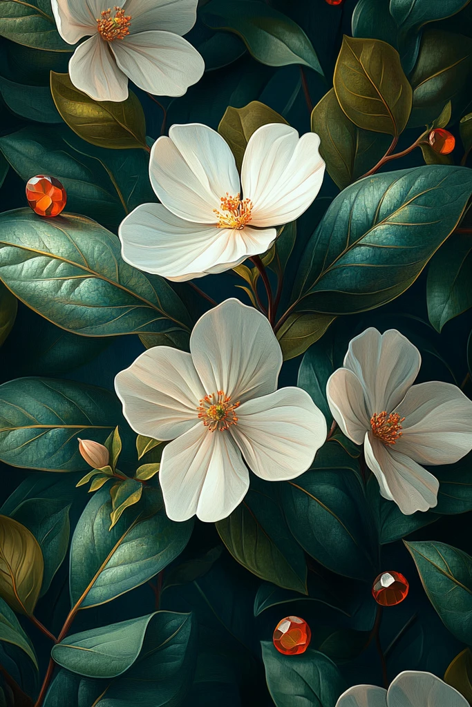 白花绿叶彩宝墙纸