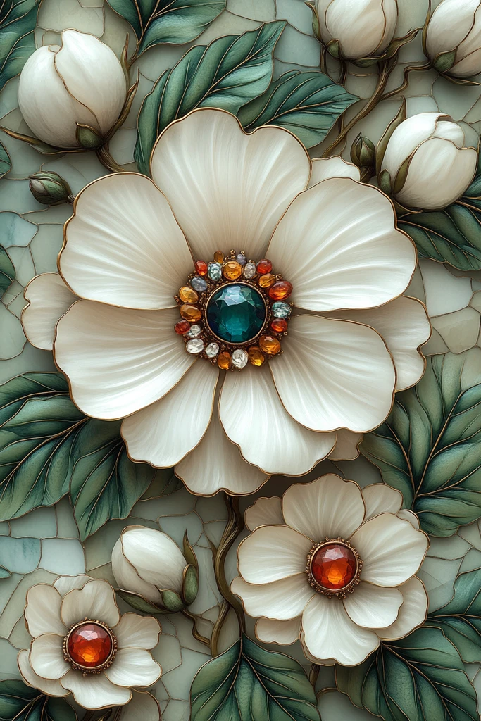 白花绿叶彩宝墙纸