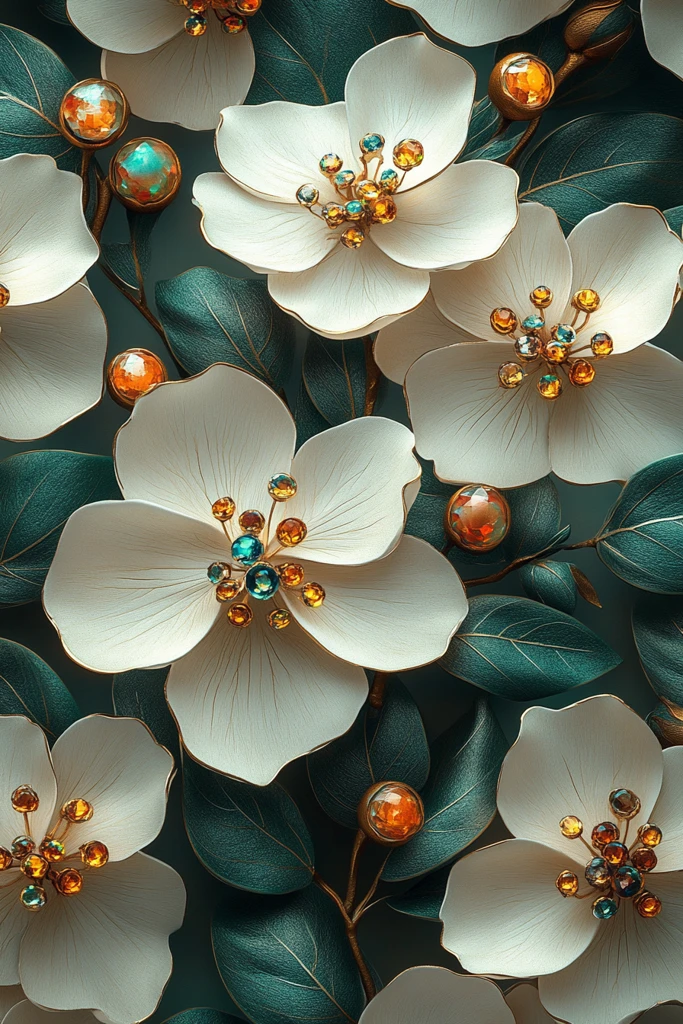 白花绿叶彩宝墙纸