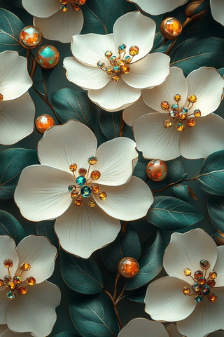 白花绿叶彩宝墙纸