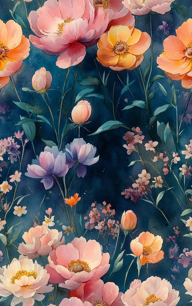 粉紫黄花浮水彩画