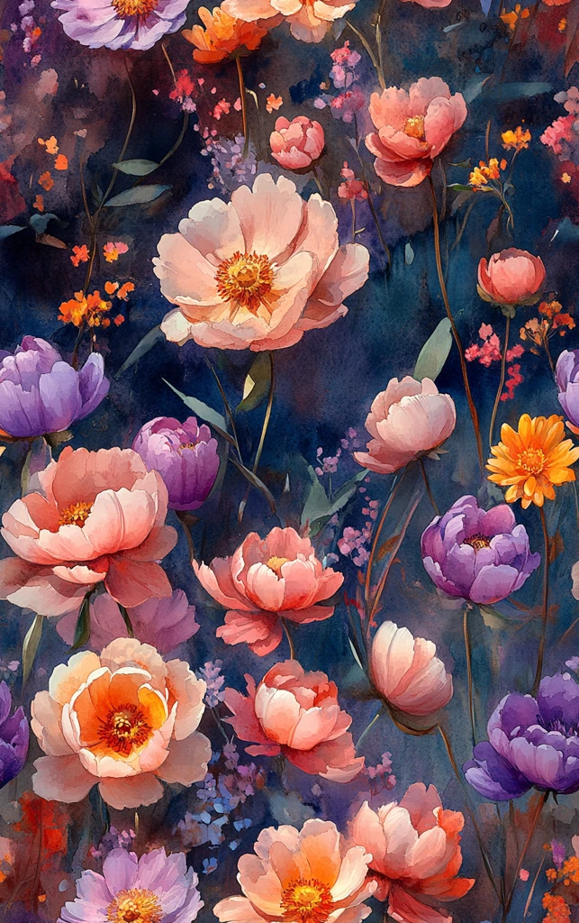 粉紫黄花浮水彩画