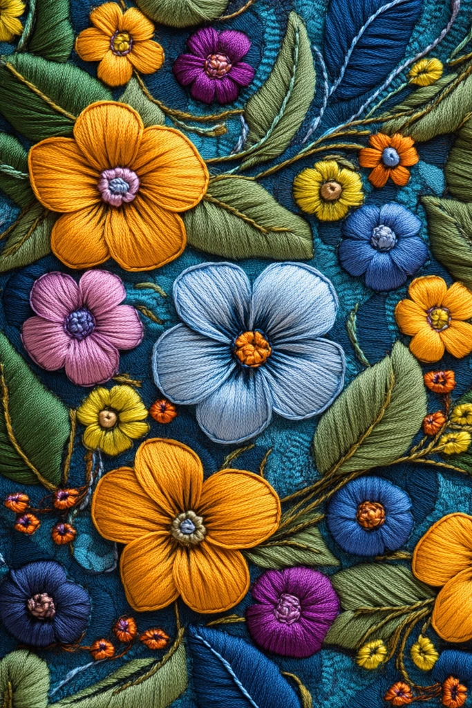 花卉与绿叶刺绣图案