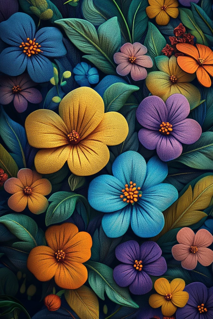 花卉与绿叶刺绣图案