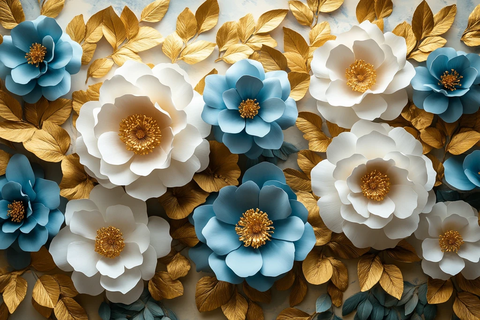 蓝白牡丹金叶墙面