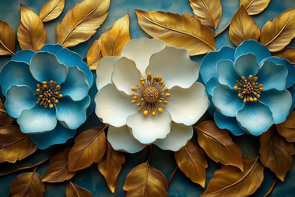 蓝白牡丹金叶墙面