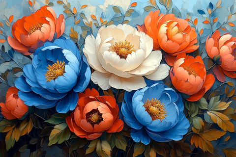 蓝白牡丹金叶墙面