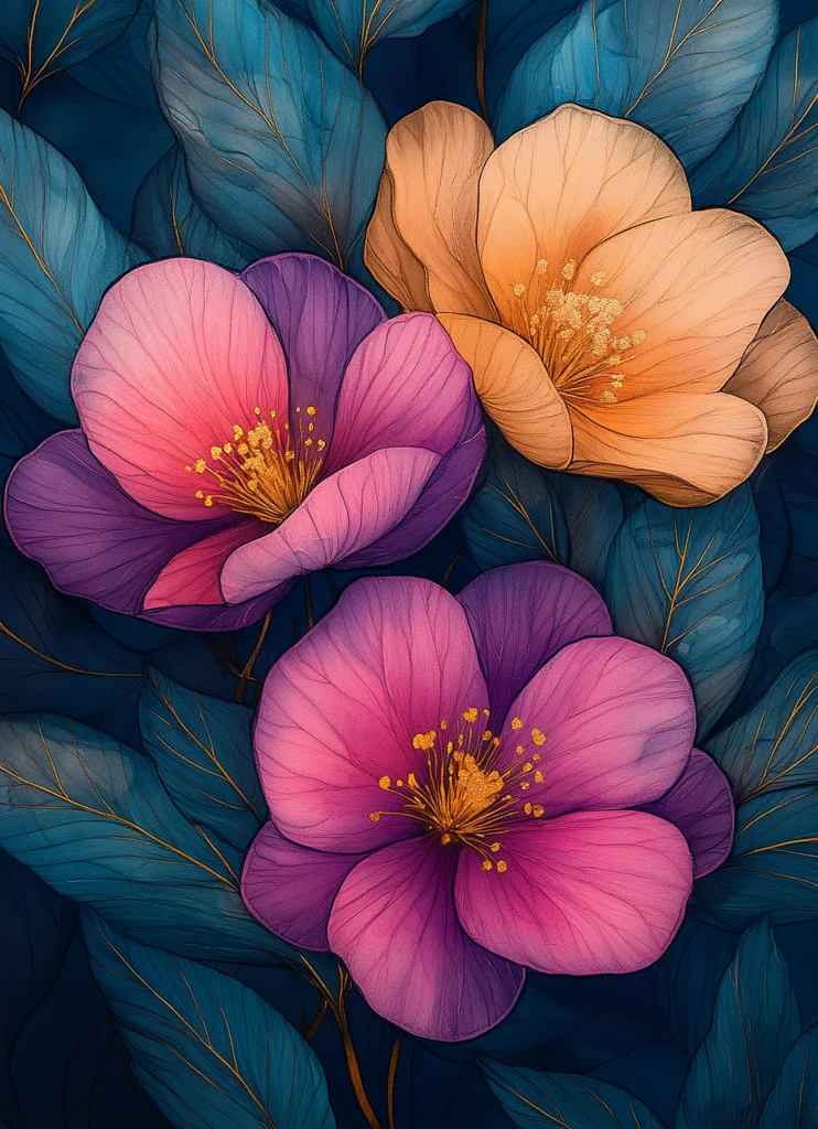 粉色青色黄色花叶