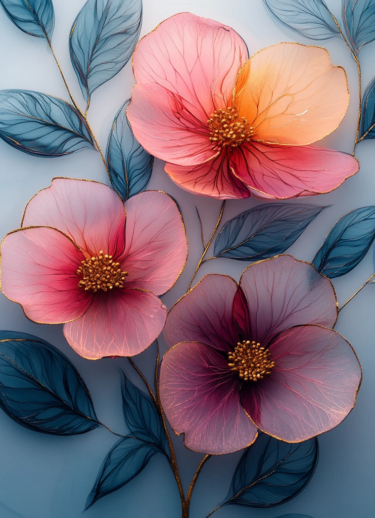 粉色青色黄色花叶